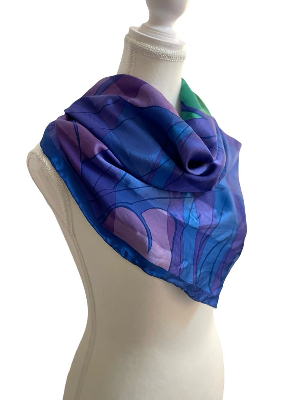 Marja Kurki Abstract Floral Silk Feel Scarf Purple Blue Hand Rolled 33 x 34 - Picture 6 of 8